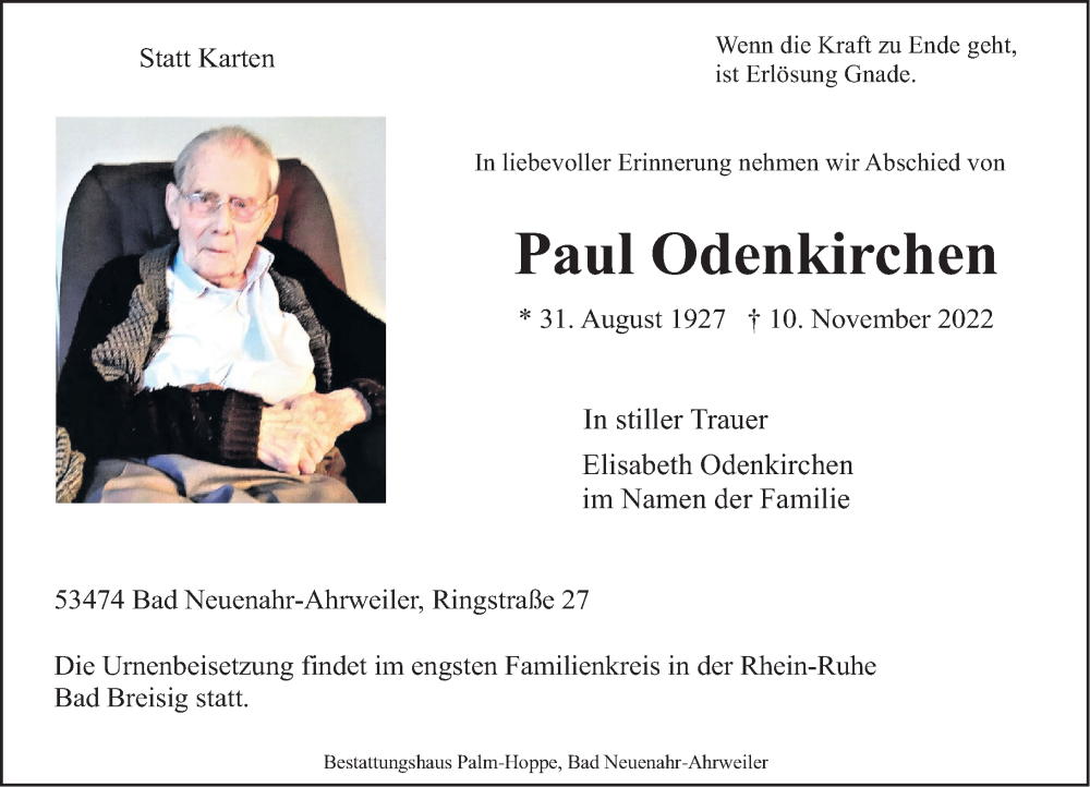  Traueranzeige für Paul Odenkirchen vom 15.11.2022 aus Rhein-Zeitung