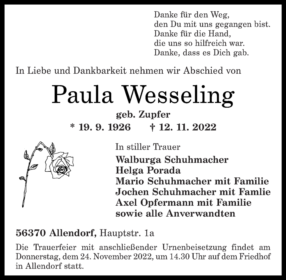  Traueranzeige für Paula Wesseling vom 22.11.2022 aus Rhein-Lahn-Zeitung