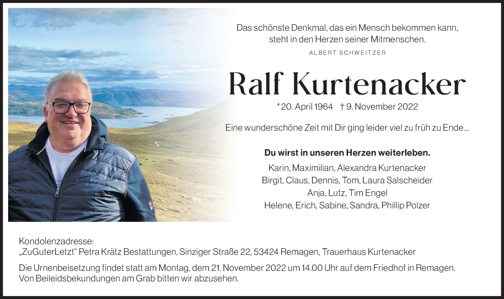  Traueranzeige für Ralf Kurtenacker vom 12.11.2022 aus Rhein-Zeitung