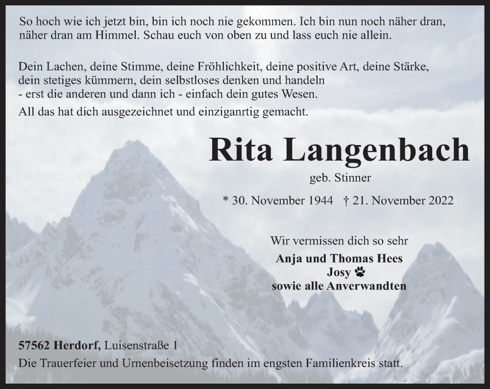  Traueranzeige für Rita Langenbach vom 23.11.2022 aus Rhein-Zeitung
