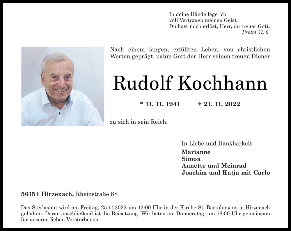  Traueranzeige für Rudolf Kochhann vom 23.11.2022 aus Rhein-Zeitung