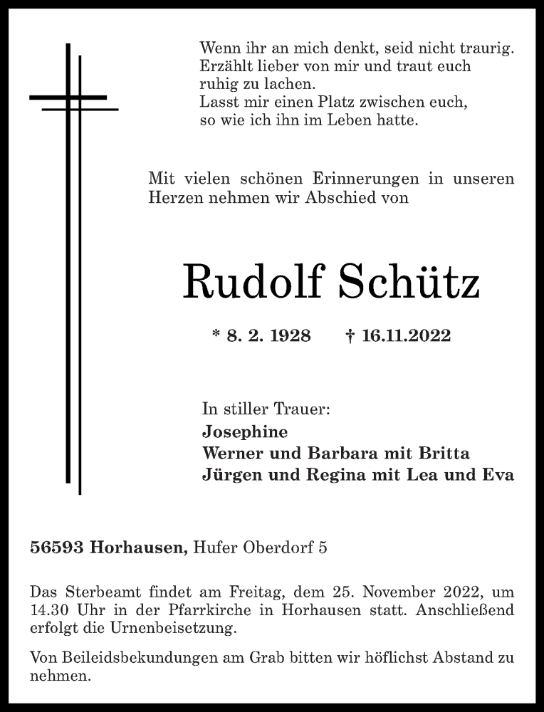  Traueranzeige für Rudolf Schütz vom 19.11.2022 aus Rhein-Zeitung