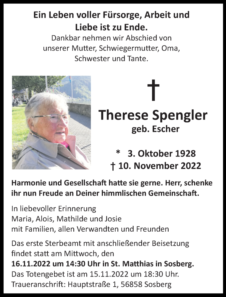  Traueranzeige für Therese Spengler vom 14.11.2022 aus Rhein-Zeitung, Rhein-Hunsrück-Zeitung