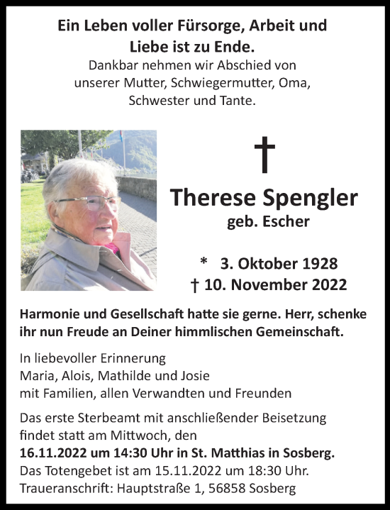 Traueranzeigen Von Therese Spengler Rz Trauer De