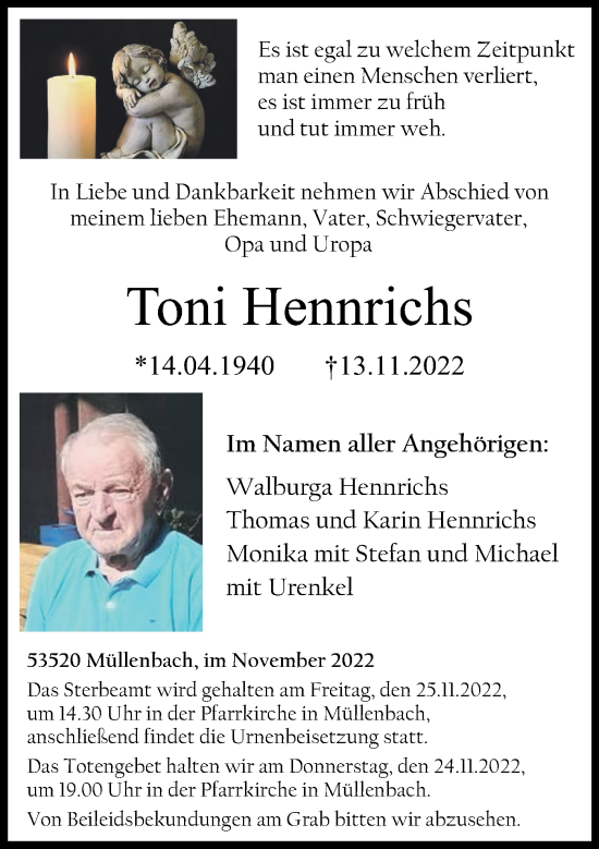 Traueranzeige von Toni Hennrichs von Rhein-Zeitung
