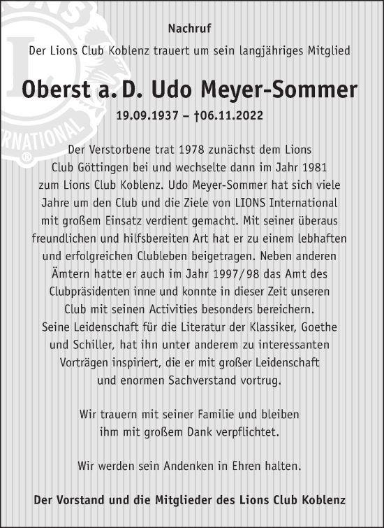Traueranzeige von Udo Meyer-Sommer von Rhein-Zeitung
