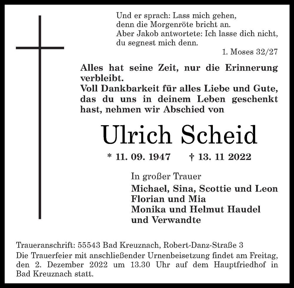  Traueranzeige für Ulrich Scheid vom 25.11.2022 aus Oeffentlicher Anzeiger