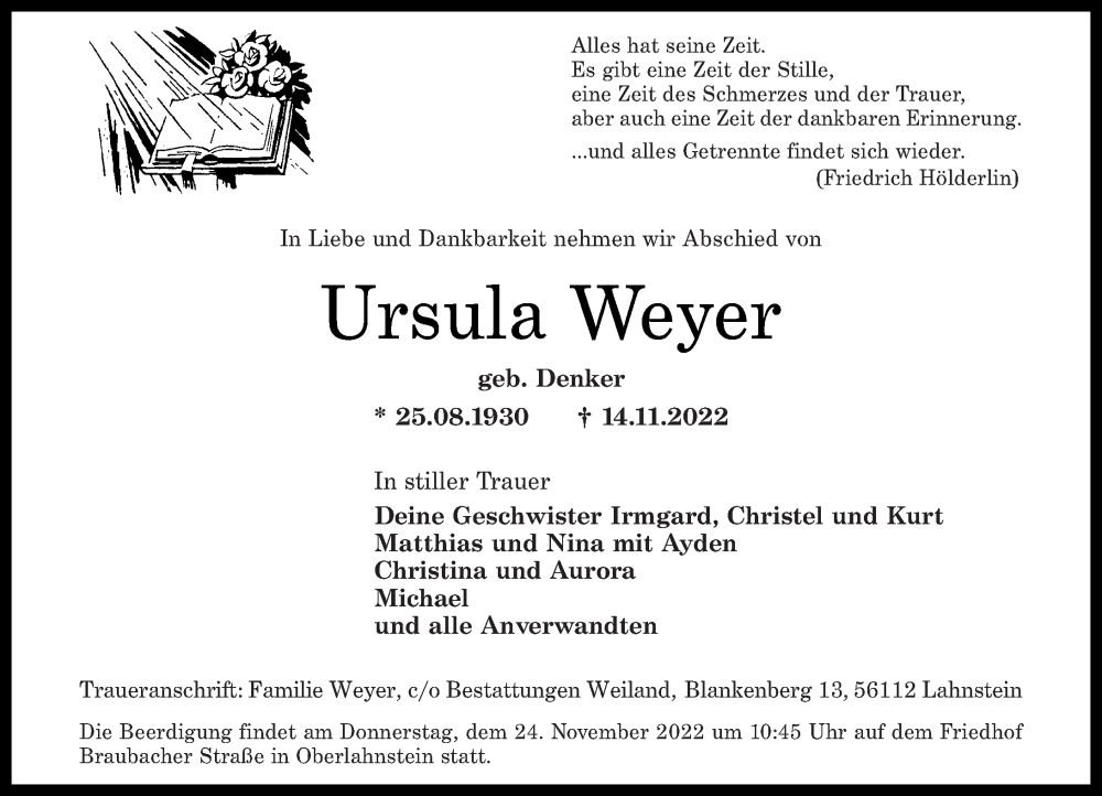  Traueranzeige für Ursula Weyer vom 19.11.2022 aus Rhein-Lahn-Zeitung