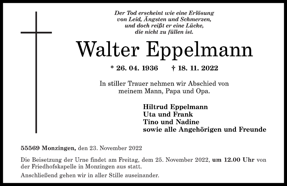  Traueranzeige für Walter Eppelmann vom 23.11.2022 aus Oeffentlicher Anzeiger