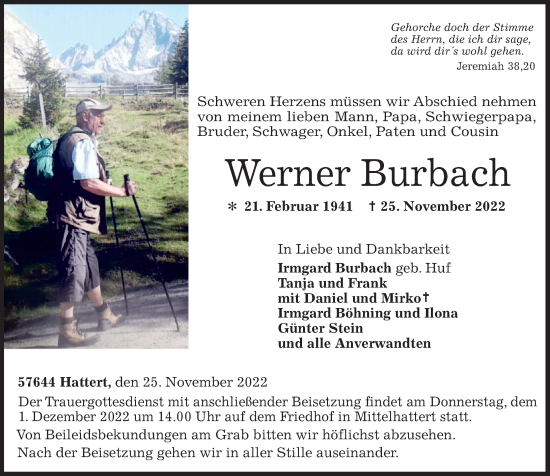 Traueranzeige von Werner Burbach von Westerwälder Zeitung