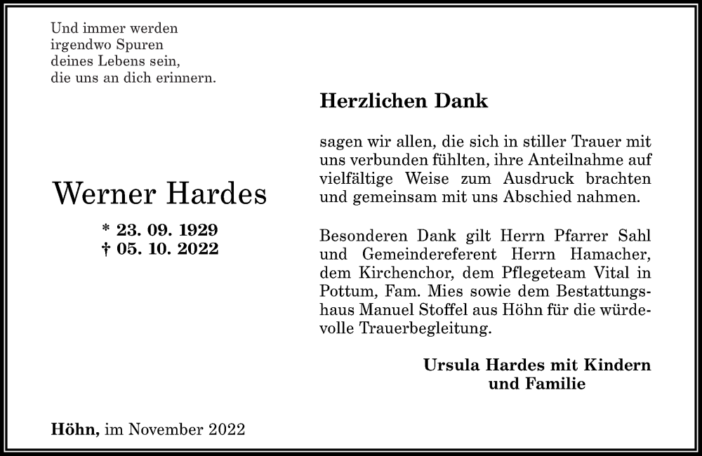  Traueranzeige für Werner Hardes vom 25.11.2022 aus Westerwälder Zeitung
