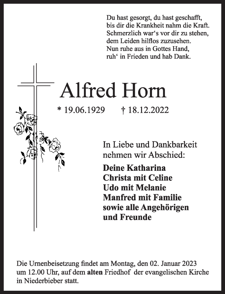  Traueranzeige für Alfred Horn vom 24.12.2022 aus Rhein-Zeitung