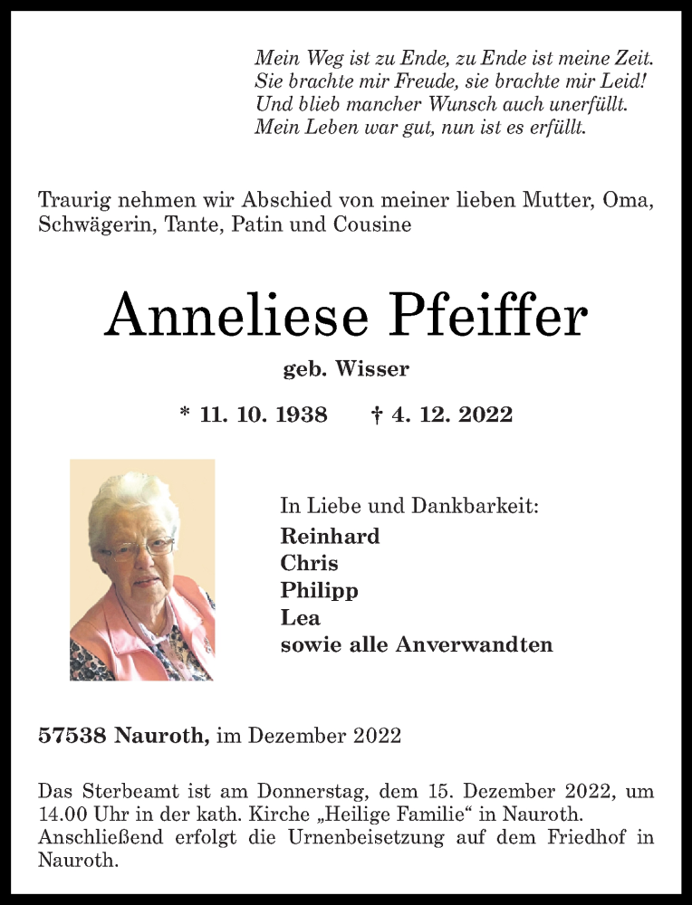 Traueranzeigen von Anneliese Pfeiffer | rz-trauer.de