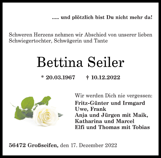 Traueranzeige von Bettina Seiler von Westerwälder Zeitung