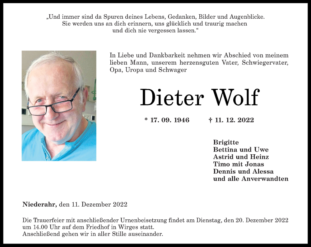  Traueranzeige für Dieter Wolf vom 17.12.2022 aus Westerwälder Zeitung