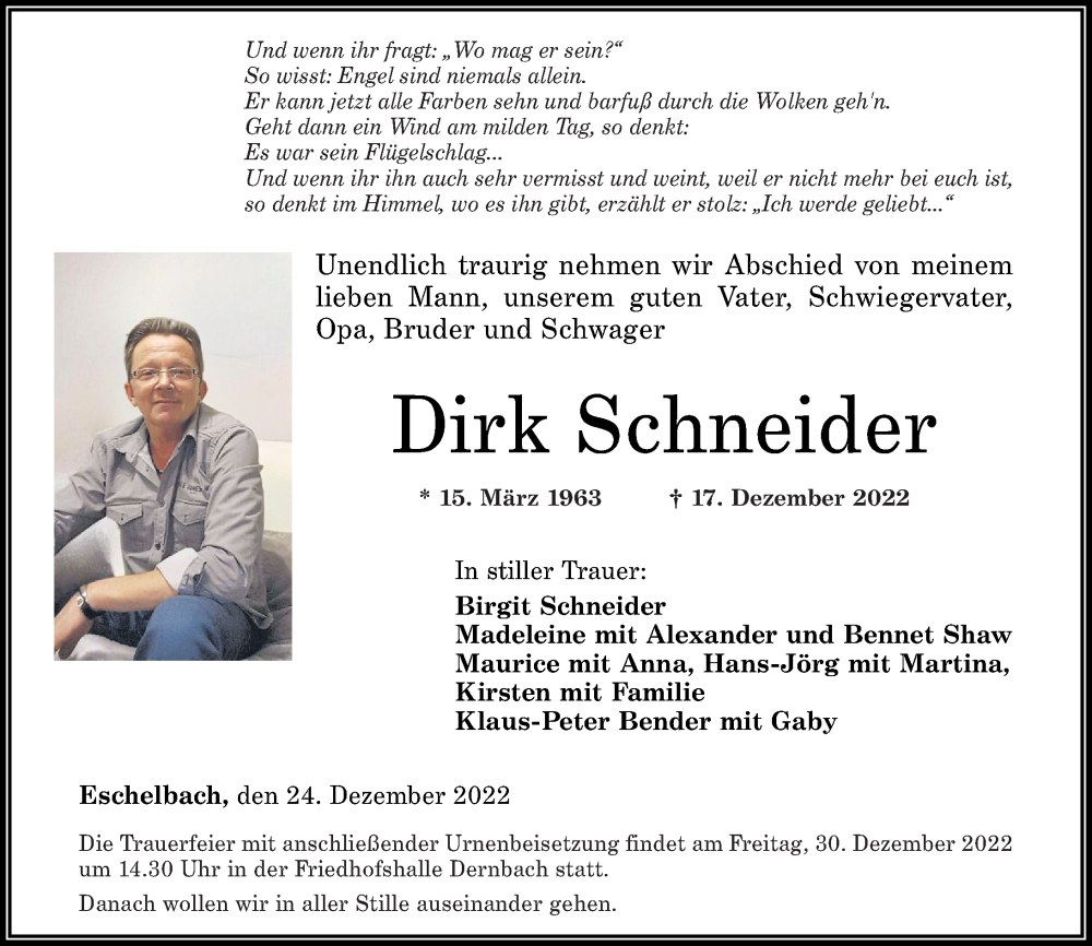  Traueranzeige für Dirk Schneider vom 24.12.2022 aus Westerwälder Zeitung