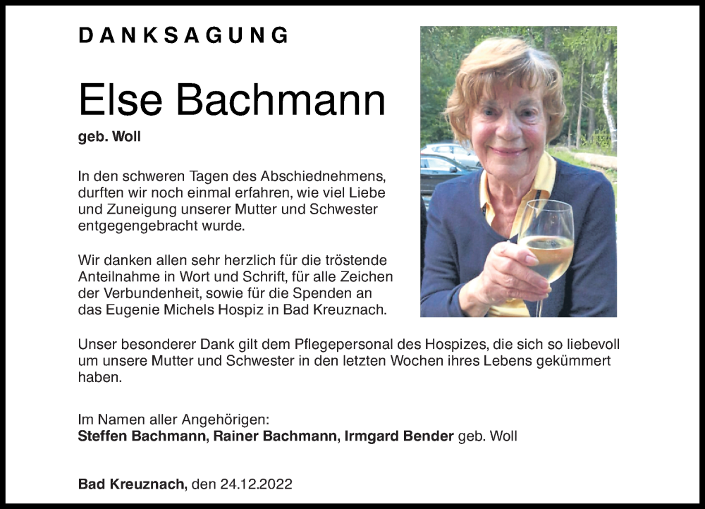  Traueranzeige für Else Bachmann vom 24.12.2022 aus Oeffentlicher Anzeiger