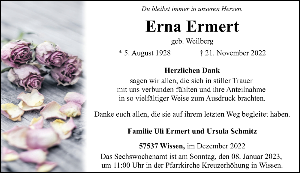  Traueranzeige für Erna Ermert vom 30.12.2022 aus Rhein-Zeitung