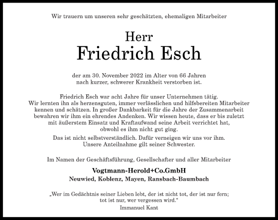 Traueranzeige von Friedrich Esch von Rhein-Zeitung