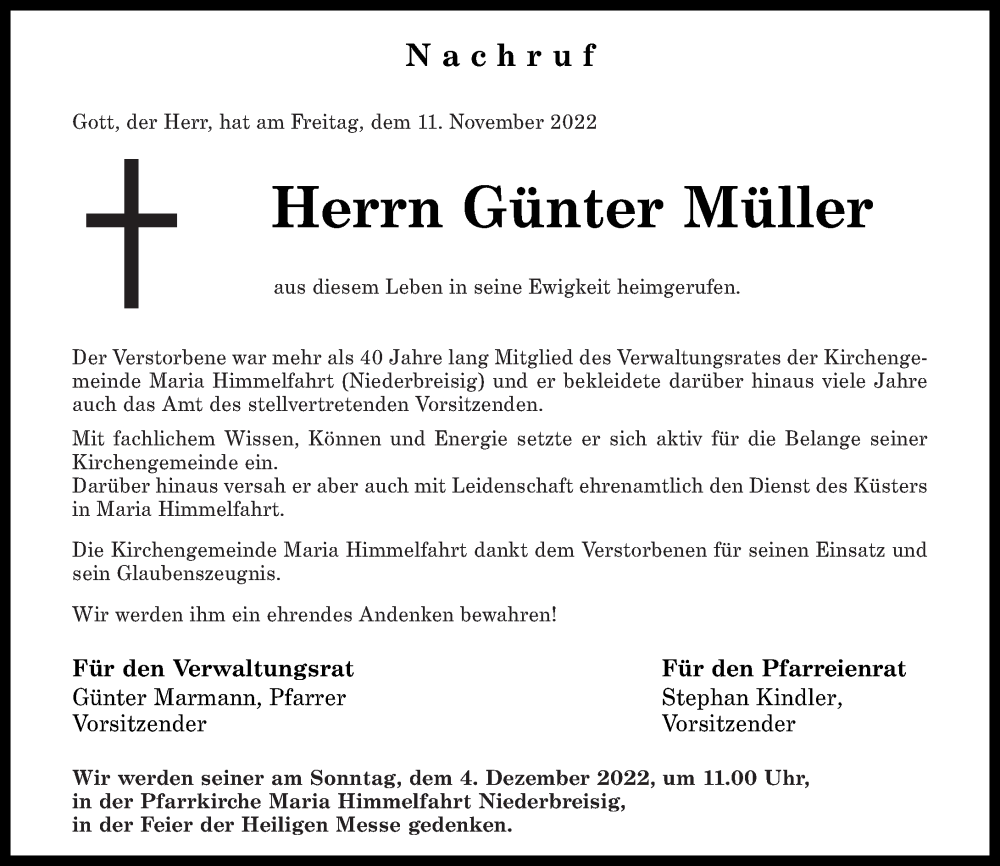  Traueranzeige für Günter Müller vom 03.12.2022 aus Rhein-Zeitung