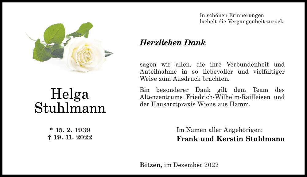  Traueranzeige für Helga Stuhlmann vom 17.12.2022 aus Rhein-Zeitung