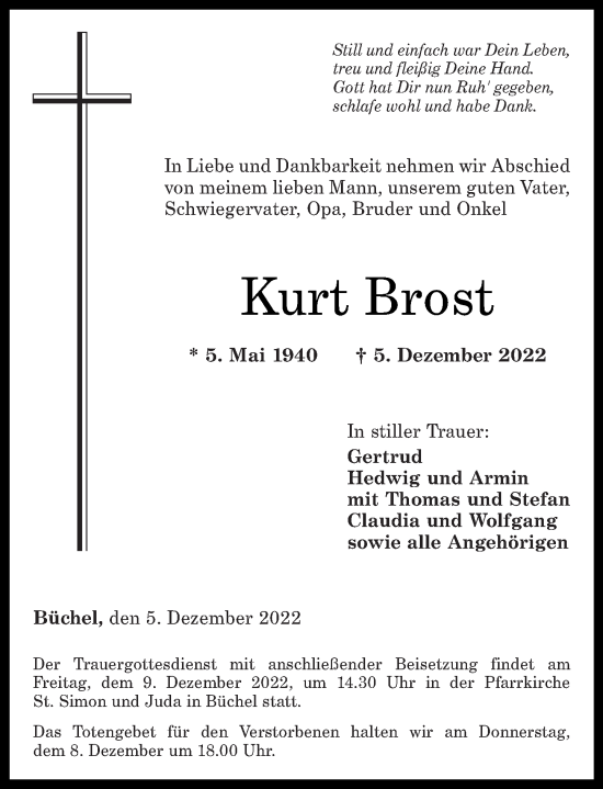 Traueranzeige von Kurt Brost von Rhein-Zeitung