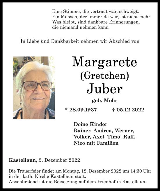 Traueranzeige von Margarete Juber von Rhein-Hunsrück-Zeitung