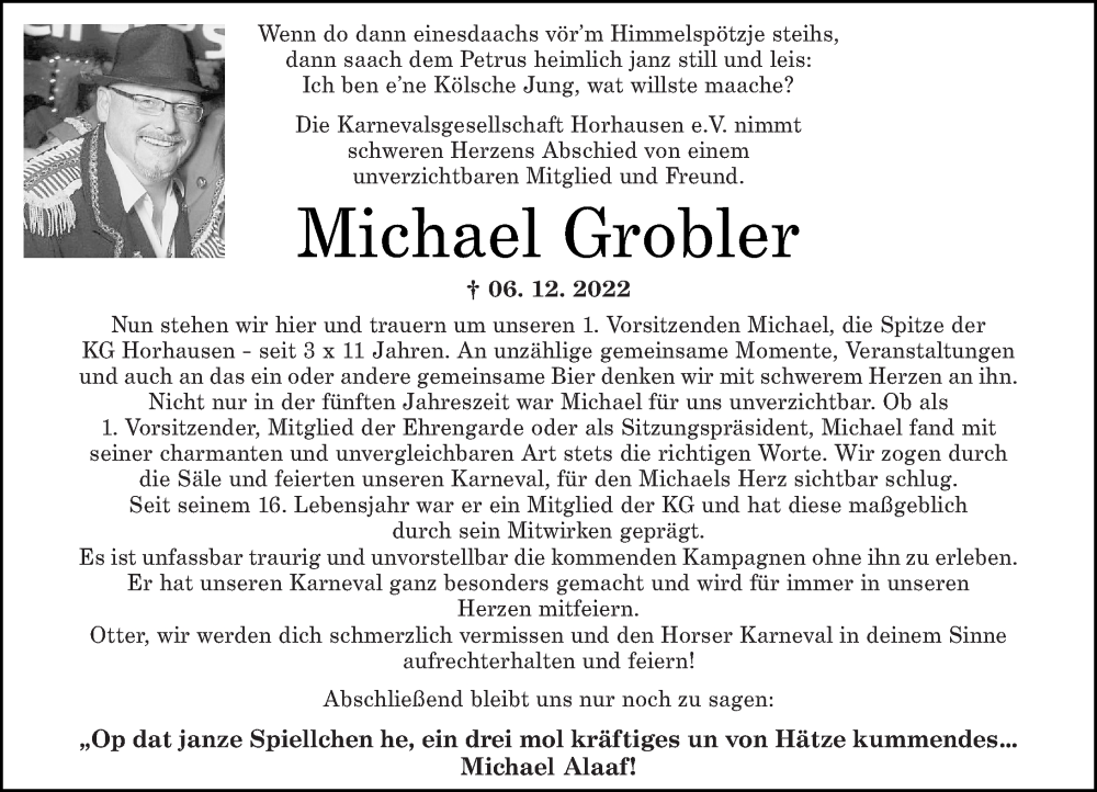  Traueranzeige für Michael Grobler vom 10.12.2022 aus Rhein-Zeitung