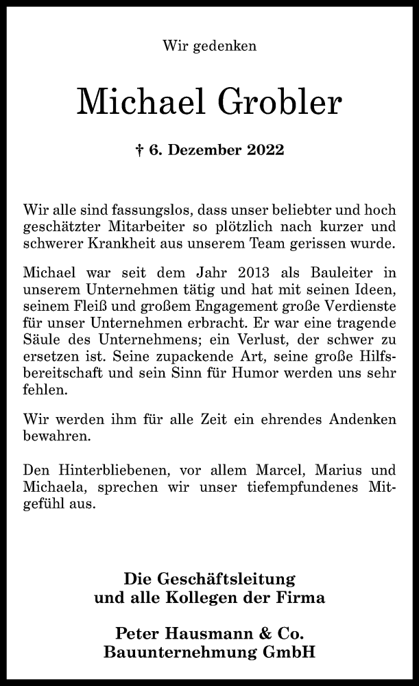  Traueranzeige für Michael Grobler vom 10.12.2022 aus Rhein-Zeitung