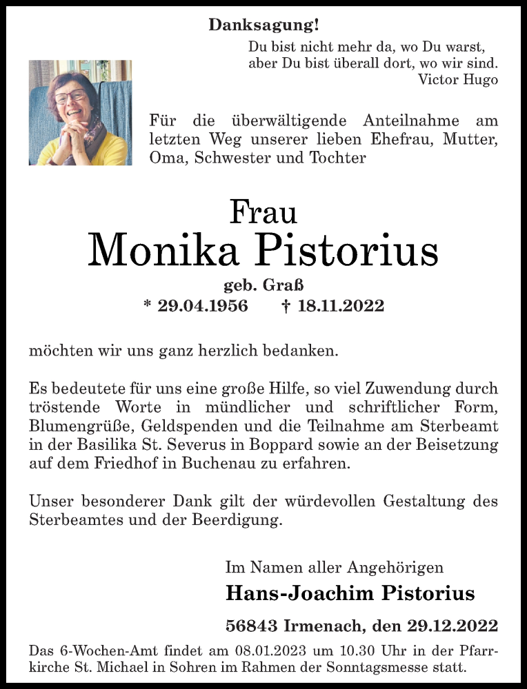  Traueranzeige für Monika Pistorius vom 30.12.2022 aus Rhein-Hunsrück-Zeitung
