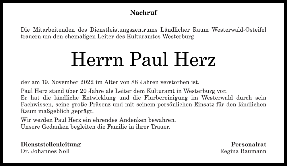  Traueranzeige für Paul Herz vom 02.12.2022 aus Westerwälder Zeitung