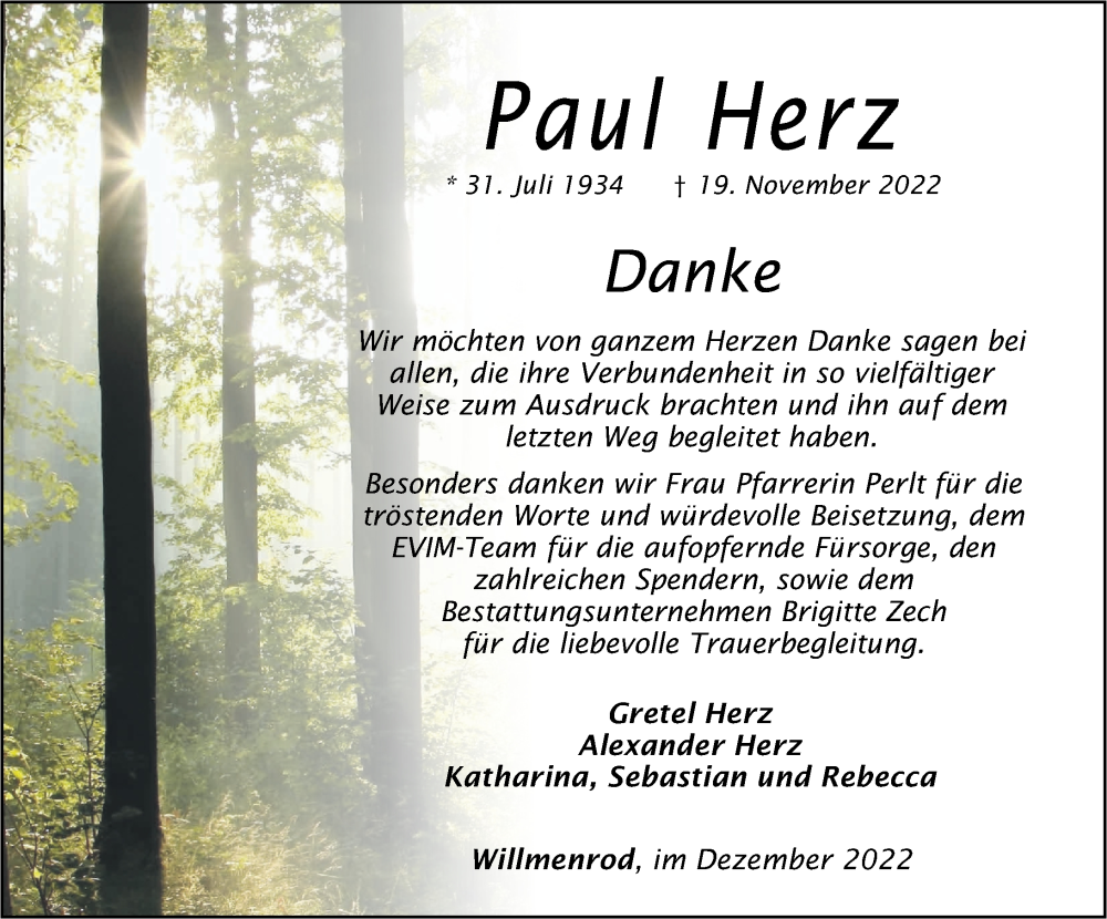  Traueranzeige für Paul Herz vom 14.12.2022 aus Westerwälder Zeitung