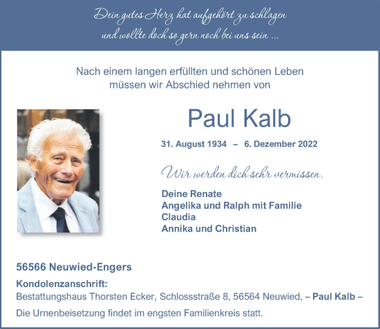 Traueranzeigen von Paul Kalb | rz-trauer.de Traueranzeigen von Paul Kalb | rz-trauer.de