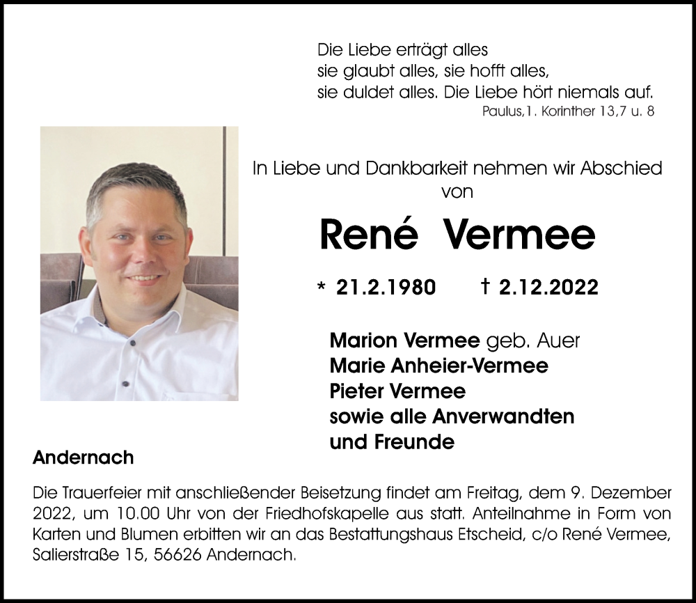  Traueranzeige für René Vermee vom 03.12.2022 aus Rhein-Zeitung