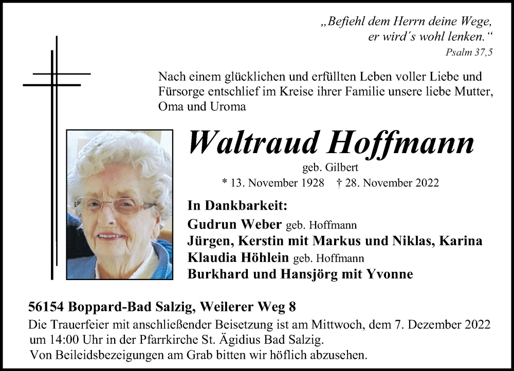 Traueranzeigen von Waltraud Hoffmann | rz-trauer.de