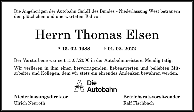  Traueranzeige für Thomas Elsen vom 12.02.2022 aus Rhein-Zeitung