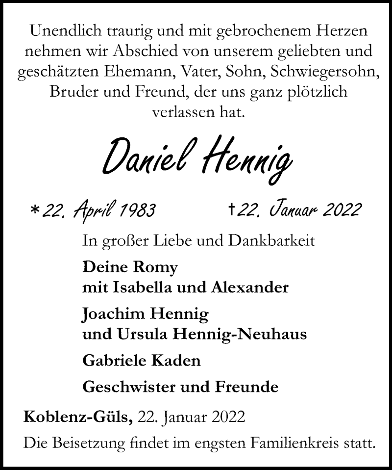  Traueranzeige für Daniel Hennig vom 02.02.2022 aus Rhein-Zeitung