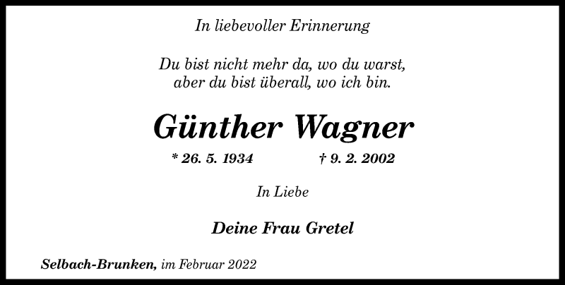  Traueranzeige für Günther Wagner vom 09.02.2022 aus Rhein-Zeitung