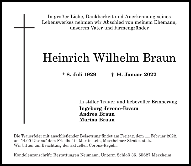 Traueranzeigen Von Heinrich Wilhelm Braun | Rz-trauer.de