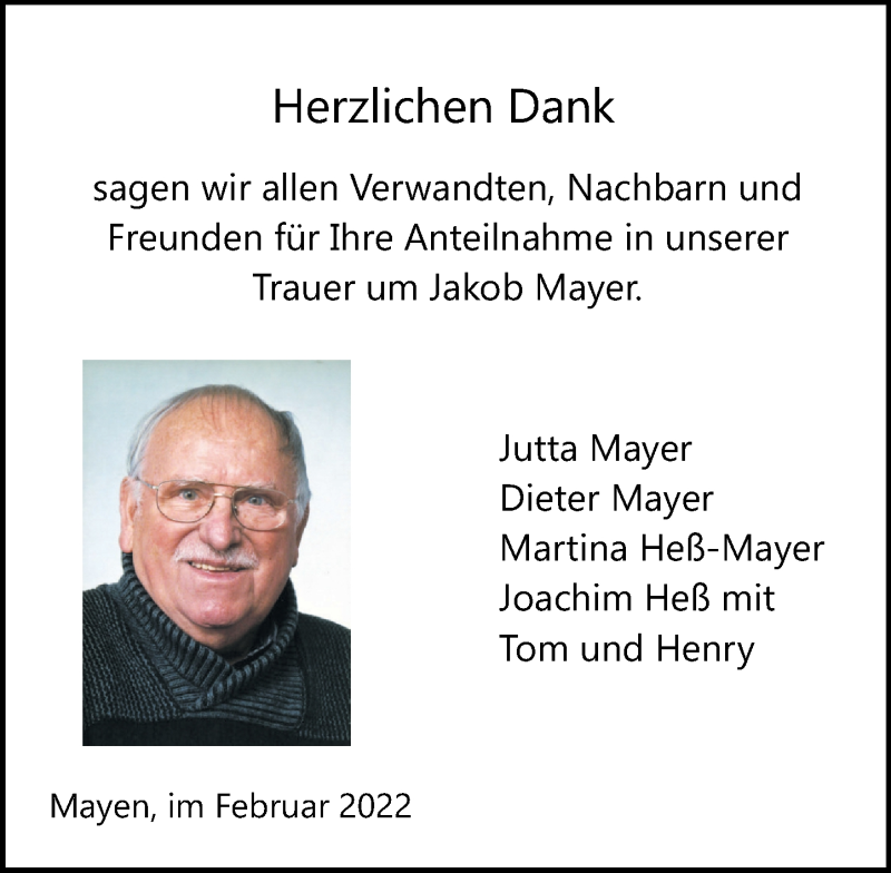  Traueranzeige für Jakob Mayer vom 19.02.2022 aus Rhein-Zeitung