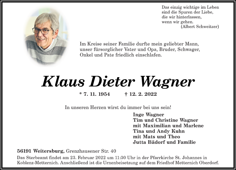  Traueranzeige für Klaus Dieter Wagner vom 19.02.2022 aus Rhein-Zeitung