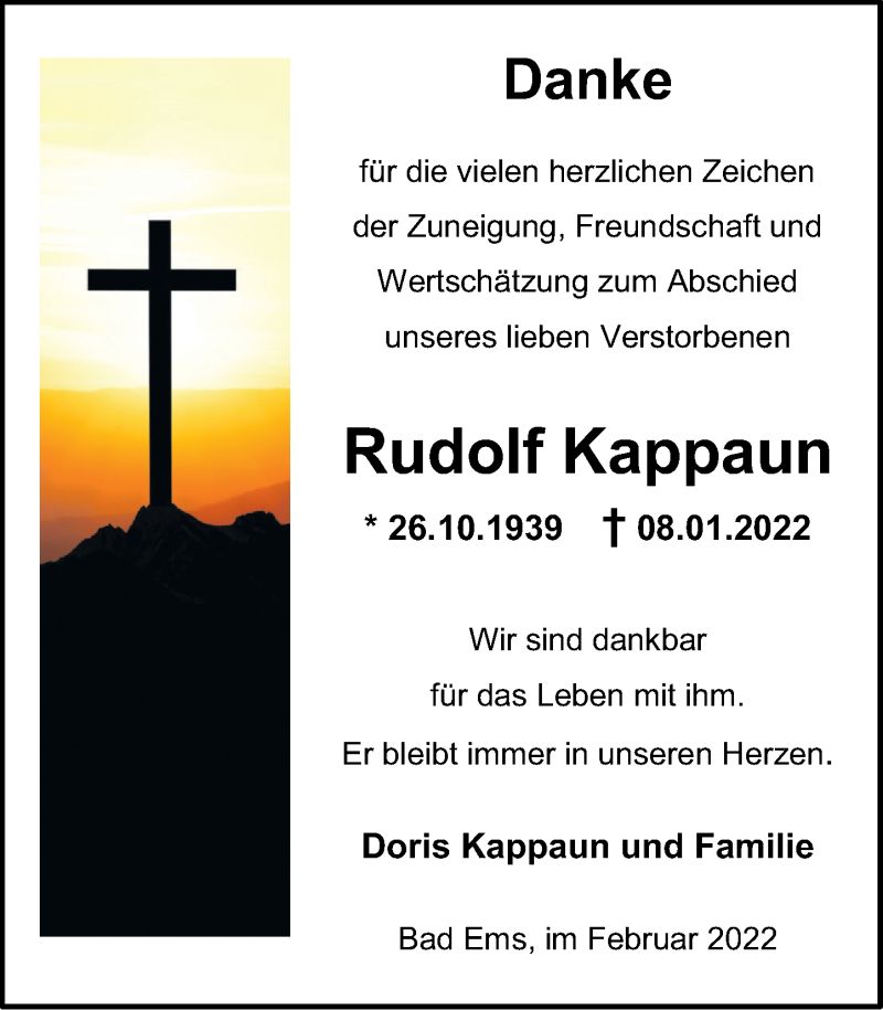  Traueranzeige für Rudolf Kappaun vom 19.02.2022 aus Rhein-Lahn-Zeitung