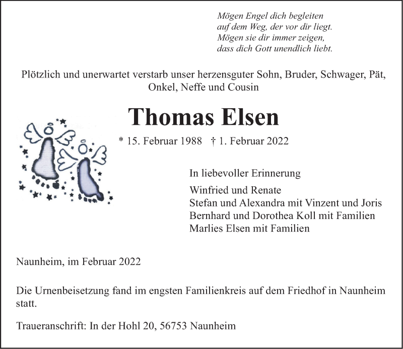 Traueranzeige für Thomas Elsen vom 12.02.2022 aus Rhein-Zeitung