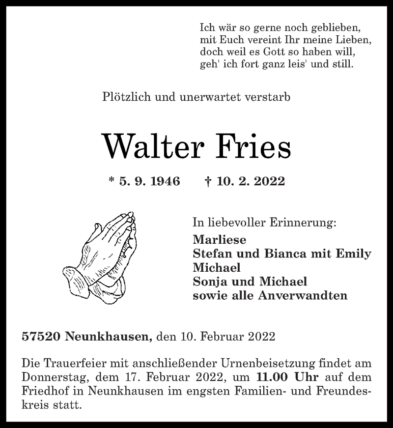  Traueranzeige für Walter Fries vom 15.02.2022 aus Westerwälder Zeitung
