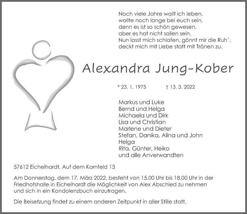  Traueranzeige für Alexandra Jung-Kober vom 16.03.2022 aus Rhein-Zeitung