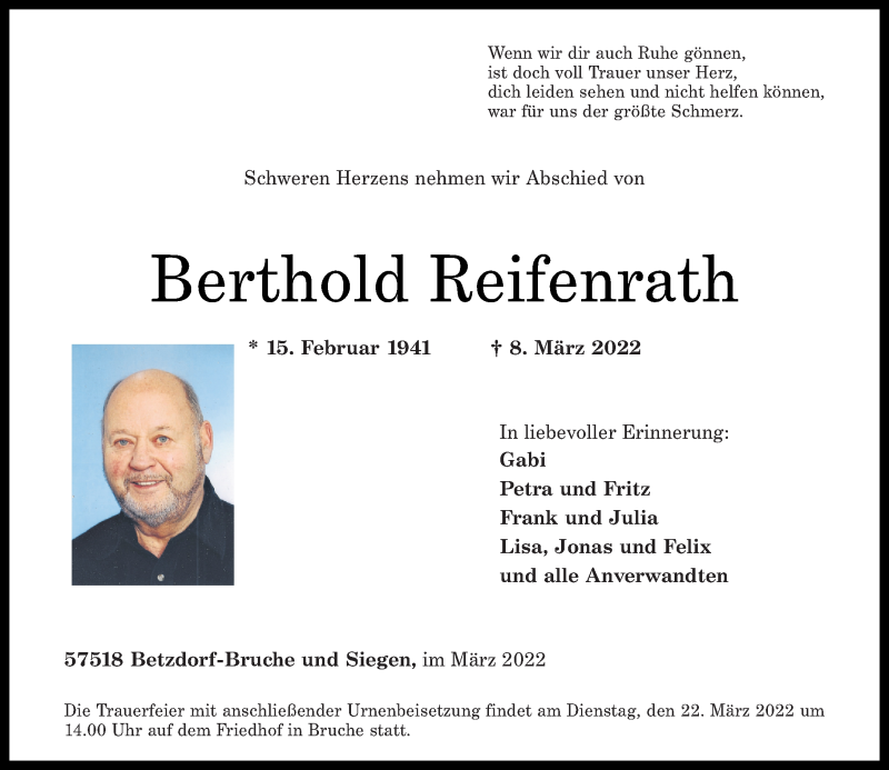  Traueranzeige für Berthold Reifenrath vom 16.03.2022 aus Rhein-Zeitung