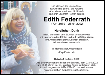 Traueranzeige von Edith Federrath von Rhein-Zeitung