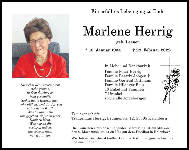 Traueranzeigen von Marlene Herrig | rz-trauer.de