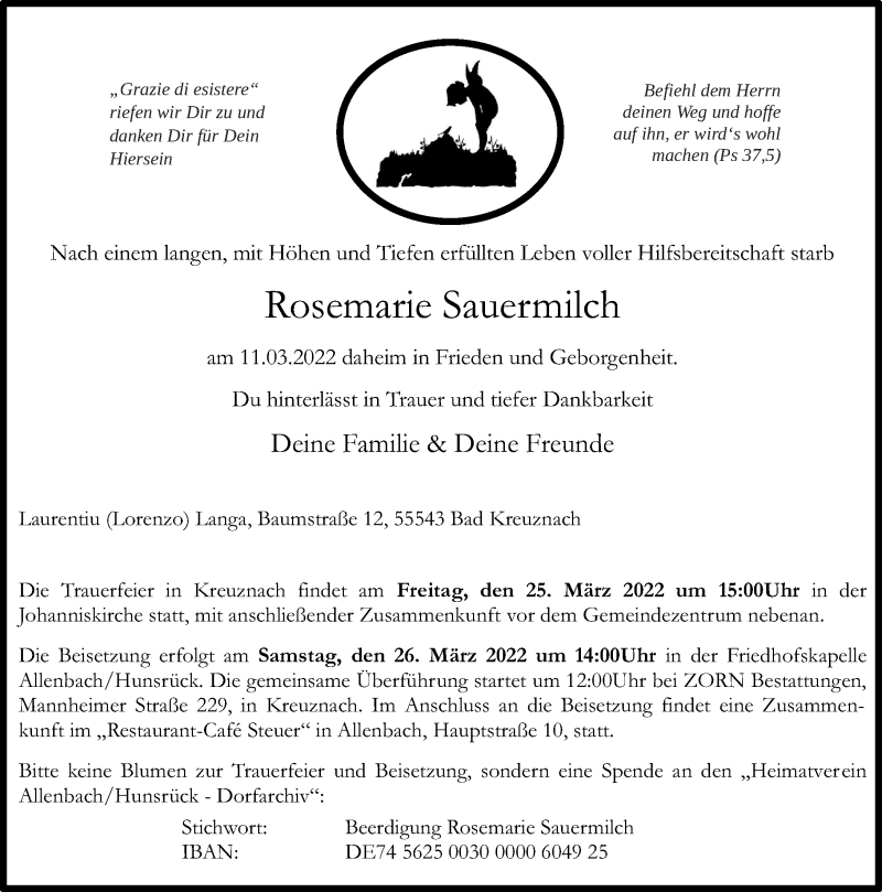  Traueranzeige für Rosemarie Sauermilch vom 19.03.2022 aus Oeffentlicher Anzeiger