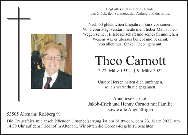  Traueranzeige für Theo Carnott vom 19.03.2022 aus Rhein-Zeitung